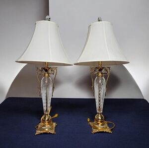Vintage 60s 70s Pair Waterford Cut Crystal Glass Table Lamps Luxury Ornate Brass